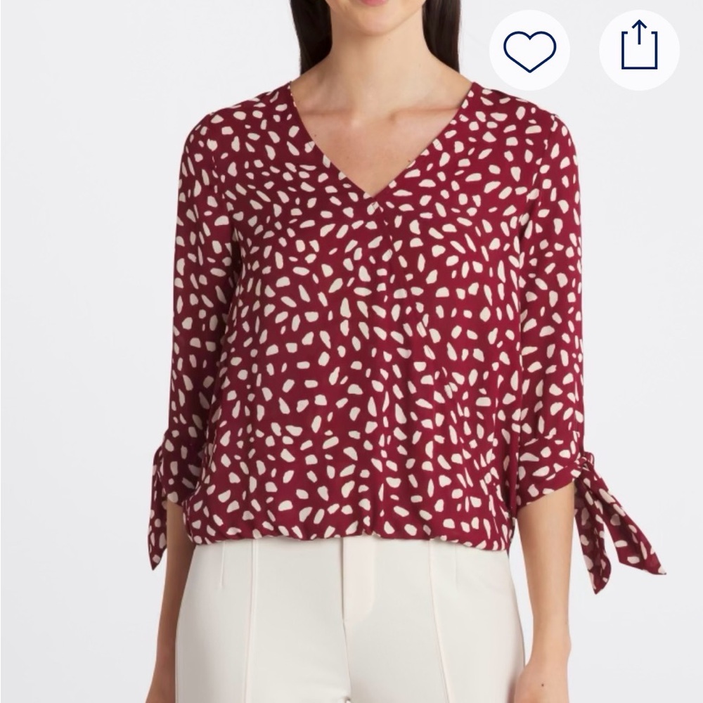 West Kei Burgundy and Cream V-Neck Tie-Sleeve Blouse